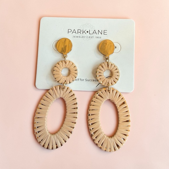 Park Lane Jewelry - Park Lane Natural Beige Woven Drop Earrings with Gold Discs